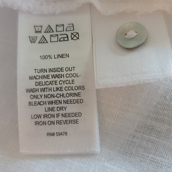 Tahari White Collarless 100% Linen Down Button Shirt Tunic Top w/ Long Roll Tab - Picture 4 of 4